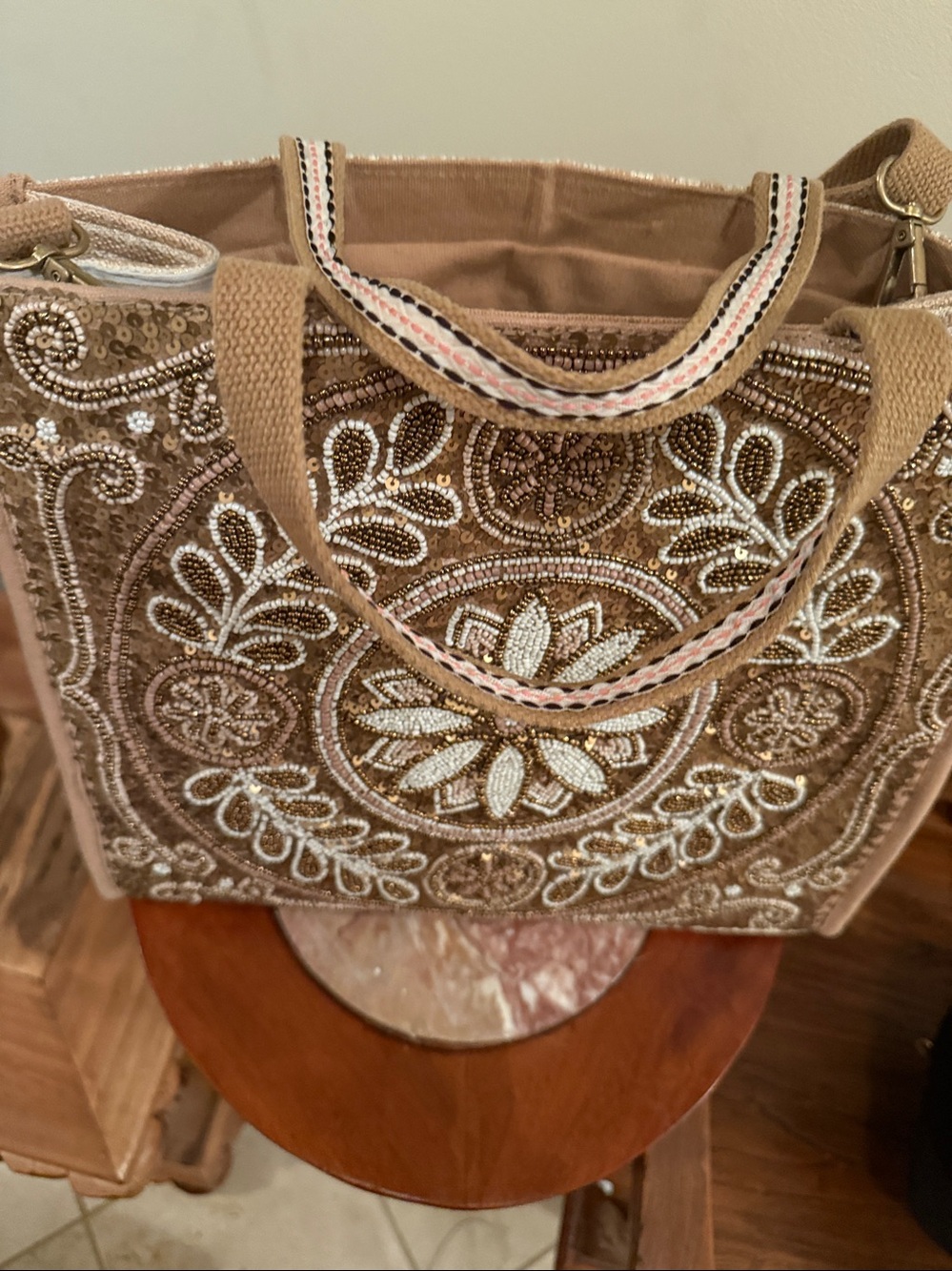 Women's Beige beaded Tote with Striped Interior and crossbody strap